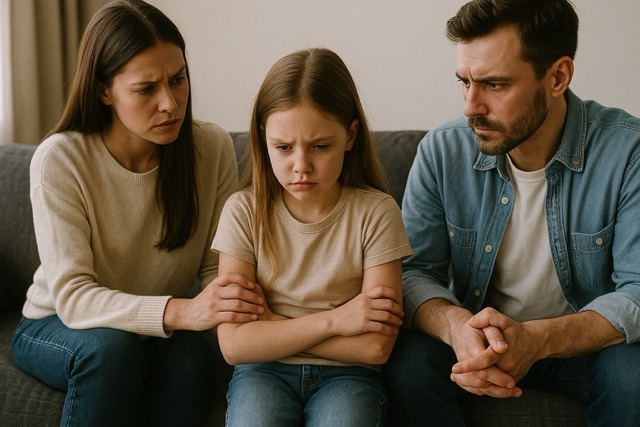 Spousesbusters service child custody. Concerned parents sit close with their child on a couch, showing support during a child custody matter.